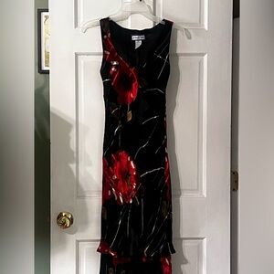 Vintage Floral Black and Red Women's Dress S
